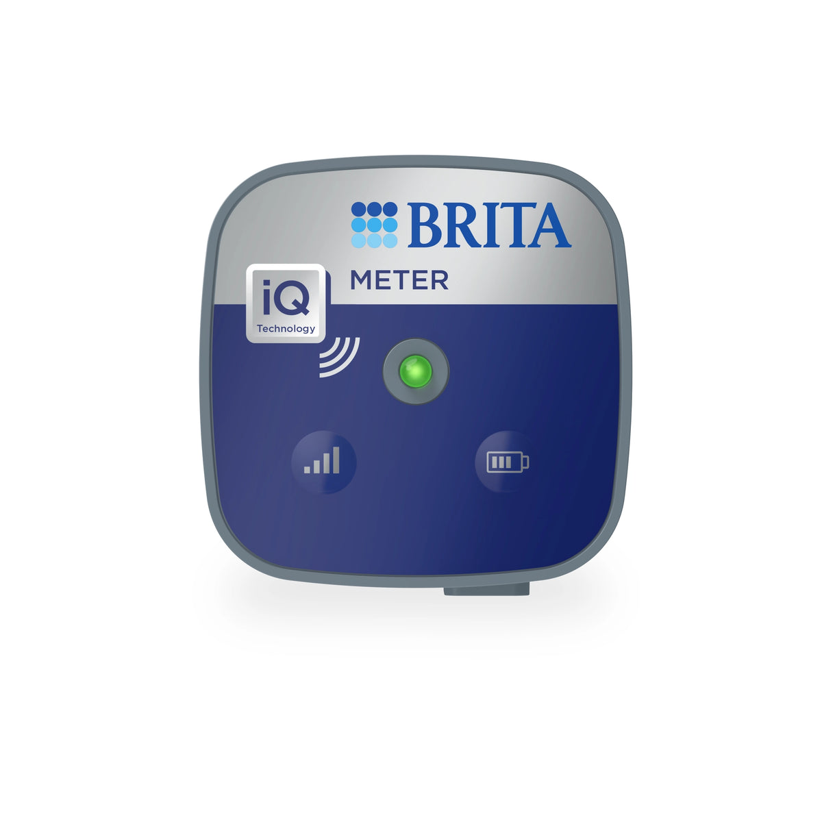 Unità di comunicazione BRITA iQ Meter con pannello frontale blu e indicatore LED per sistemi professionali di filtrazione dell'acqua.