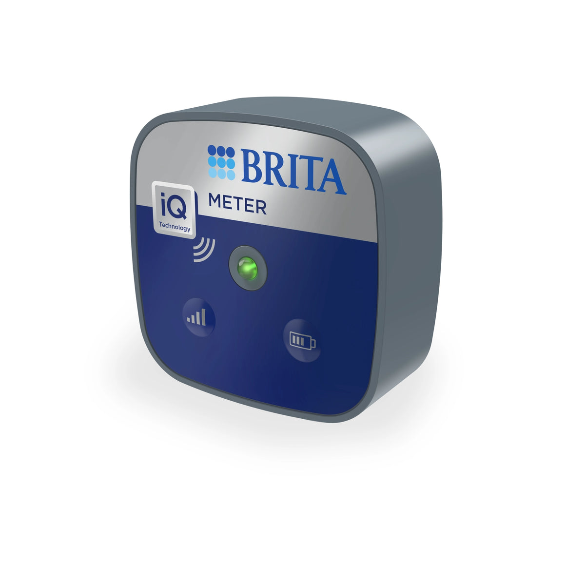 Unità di comunicazione BRITA iQ Meter con pannello frontale blu e indicatore LED per sistemi professionali di filtrazione dell'acqua.